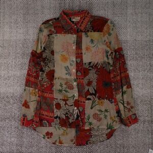 Magayane Patchwork Floral Paisley Button Up Shirt Red Multi Boho Long Sleeve